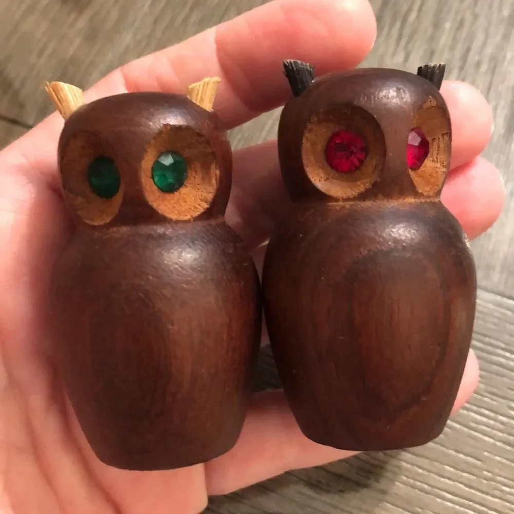 Vintage 1970’s Wooden Owl Salt & Pepper Shakers